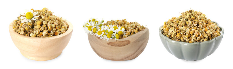 Dried and fresh chamomile flowers in bowls isolated on white, set