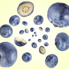 Fresh blueberries swirling in air against beige background