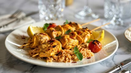 Saffron chicken skewers with golden marinade on bed of aromatic rice, garnished with cherry tomatoes and fresh mint leaves