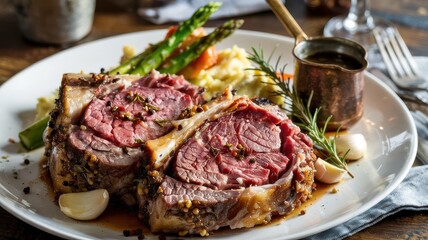 Garlic prime rib slices with herb crust served on white plate with rosemary garnish, roasted garlic cloves, asparagus and copper sauce vessel