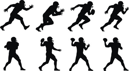 Vector silhouette set of American football players in running and passing poses, perfect for sports design, team branding, and athletic graphics