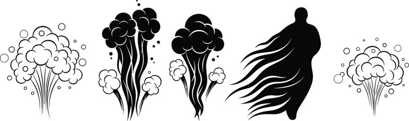 Vector smoke explosion elements and abstract spirit silhouette illustration, includes steam clouds, vapor bursts, fantasy flow figure for mystical, comic, magical, or spooky design