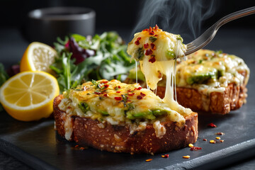 California avocado toast topped with melted cheese red chili flakes served with fresh lemon slices and green salad on slate plate
