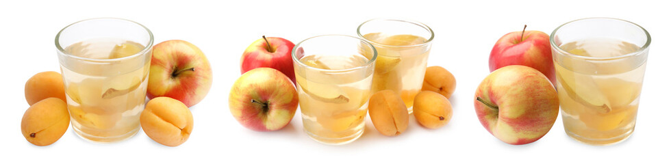 Fresh compot in glasses. Drinks made from apples and apricots isolated on white, set