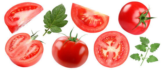 Fresh ripe tomatoes and green leaves isolated on white, set