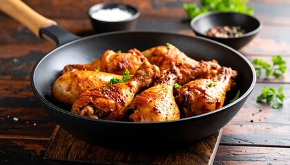 Crispy chicken drumsticks in pan