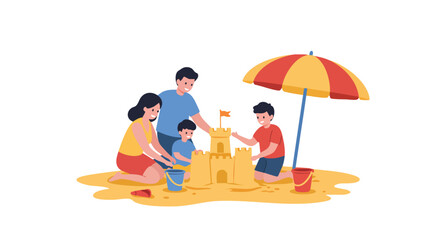 Happy Family Building a Sandcastle at the Beach
