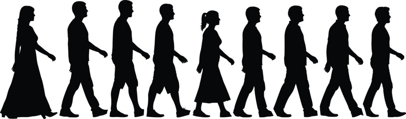 Walking people silhouettes vector illustration, men and women side view in casual outfits, walking poses clipart for crowd, pedestrian or social movement design