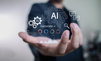 Businessman holding virtual AI generate interface with data visualization, gears, and chat icons, symbolizing artificial intelligence technology, machine learning, and digital innovation.
