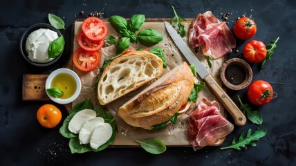 Sourdough bread halved with open crumb structure surrounded by premium sandwich ingredients including prosciutto, mozzarella and fresh tomatoes on wooden cutting board