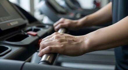 Close up of a person's hands gripping the handrails of a treadmill at the gym during a workout session
