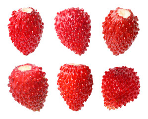 Fresh ripe wild strawberries isolated on white, collage