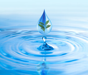 Water conservation. Drop with green plant inside falling into water