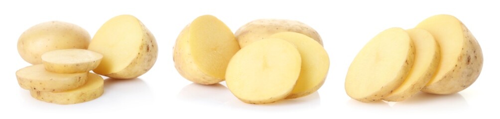 Fresh raw potatoes isolated on white, set