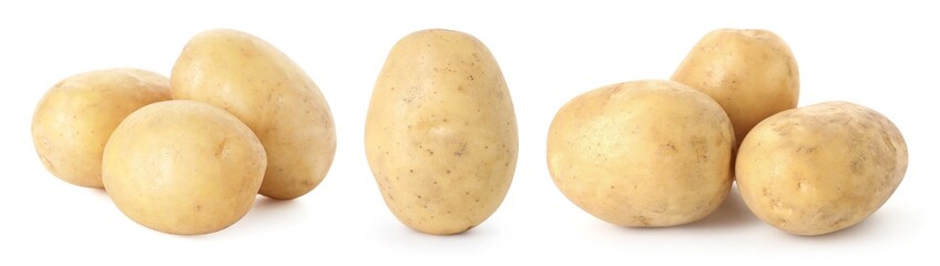 Fresh raw potatoes isolated on white, set