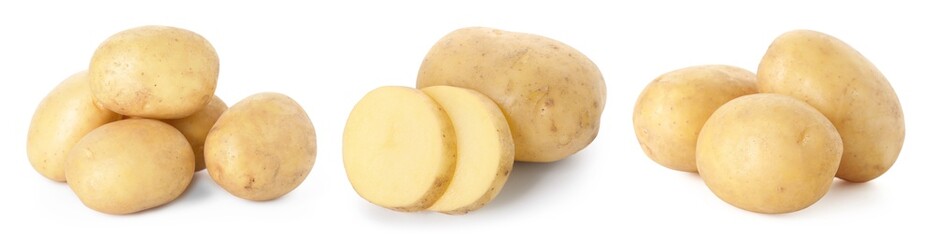 Fresh raw potatoes isolated on white, set