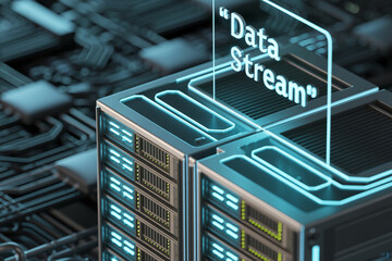 Data stream concept represented by modern server racks and advanced computer technology