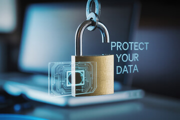 Digital data protection concept depicting a padlock with circuit board and glowing text