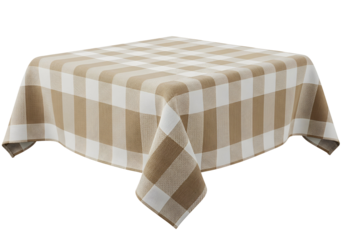 A square, beige and white checkered tablecloth displays a simple, classic design against a black background.