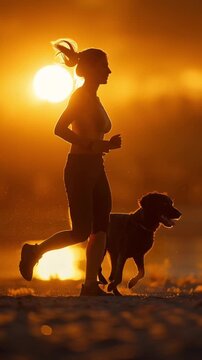 Silhouette of a woman running with her dog on a lakeside trail at golden hour, concept of companionship with pets and staying active