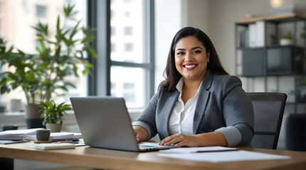 Mujer hispana de complexi&oacute;n saludable trabajando en oficina financiera

