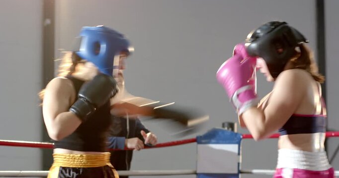 Female boxers trading jabs in ring, blue headgear athlete landing body shot, referee stopping bout