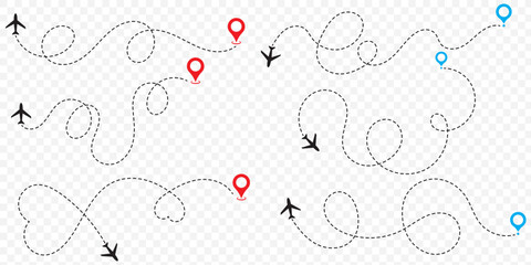 Airplane routes set. Plane route line. Planes dotted flight pathway. Aircraft tracking, planes, travel, map pins, location pins. Airplane flying dotted line to destination