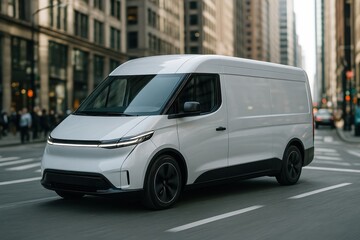Naklejka premium Premium logistics delivery service with electric commercial vehicle and urban efficiency