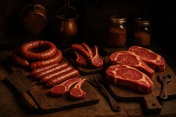 Premium smokehouse selection featuring artisan sausages and prime cuts on weathered oak boards