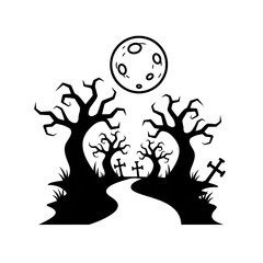 A spooky halloween scene with trees graves and a moon in black and white vector illustration art