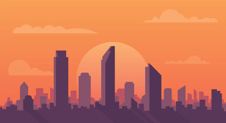 City skyline at sunset, vector illustration with modern skyscrapers and buildings in a flat, minimalist style