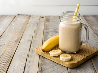 Creamy Banana Smoothie in a Mason Jar on Rustic Wooden Table