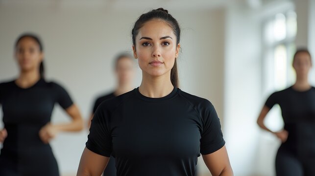 Fitness instructor leading a group exercise class, dynamic movement, energetic, gym setting - Powered by Adobe