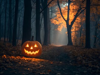 Glowing Jack o' lantern on a Misty Forest Path at Night