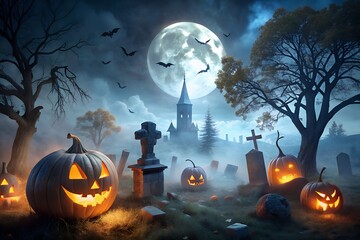 Spooky halloween graveyard scene with pumpkins, tombstones, and full moon night