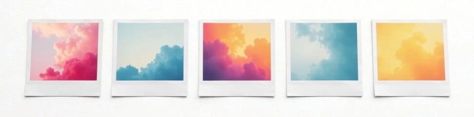 Three colorful instant photos, clean white backdrop , advertising, display