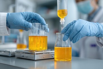 Lab technicians in blue gloves transfer liquid