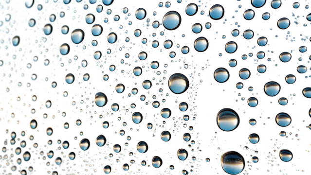 A captivating closeup of water droplets clinging to a glass surface, creating an abstract and mesmerizing pattern isolated on transparent background