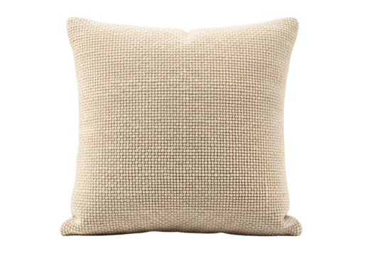 A simple, neutral-toned, textured square decorative pillow, displaying a subtle, repeating pattern against a striking black background.
