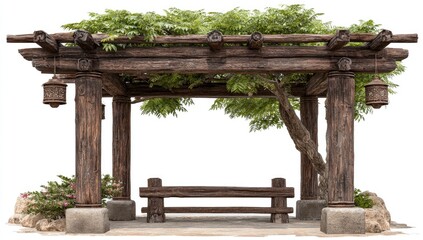 Rustic wooden pergola with a bench and greenery