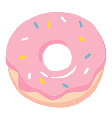 Pink frosted donut with sprinkles, sweet cartoon dessert clipart.