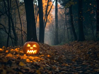Lighted Jack o' Lantern on Autumn Forest Path
