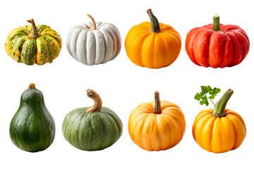 Collection of eight distinct gourds and pumpkins showcased against a white background