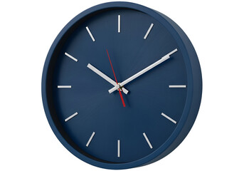 A modern, navy blue wall clock with white hands and red accents, set against a dark background.