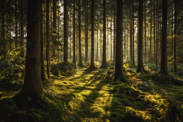 Sunlight streams through a dense forest (1)
