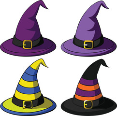 Four colorful witch hats isolated