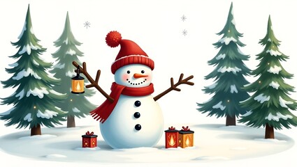 Fototapeta premium Hand-drawn snowman with a warm smile, set in a snowy forest landscape with evergreens, classic painted holiday scene, isolated on white.