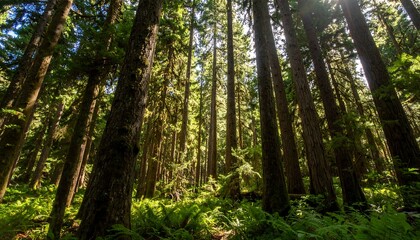 Sunlit Rainforest with Tall Trees, and Ferns.