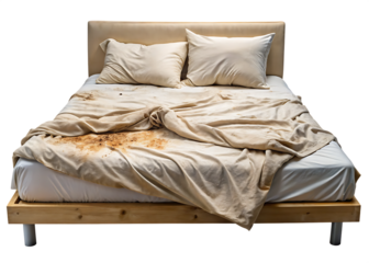 a bed with a dirty bed cover and pillows cutout background isolated on white background ,PNG.AI Generated.