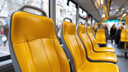 Interior of a city bus with bright yellow seats
